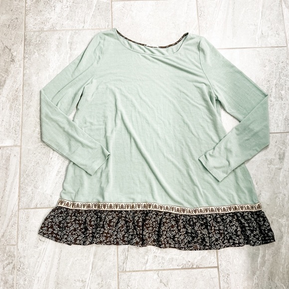 Easel Mint Green Brown Floral Trim Long Sleeve Tunic Size Medium - Picture 7 of 10